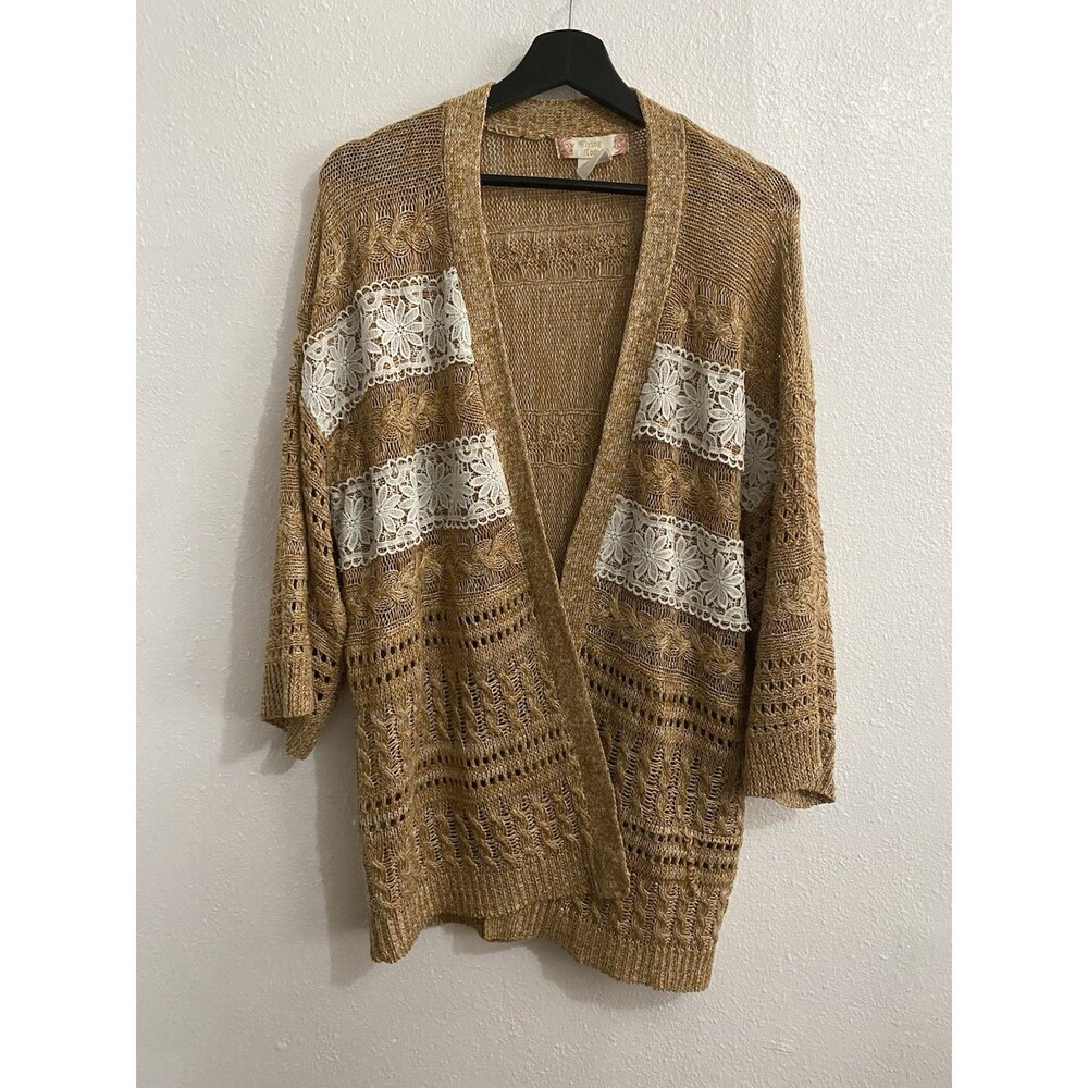 Flying Tomato Long Boho Beige & Lace Crochet Cardigan 2x H